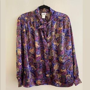 Vintage Tie-Neck Floral Patterned Blouse